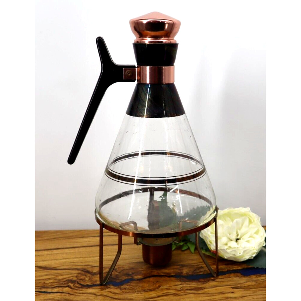 Vintage MCM Inland Glass & Copper Coffee Tea Carafe Pot Server With Heating Base